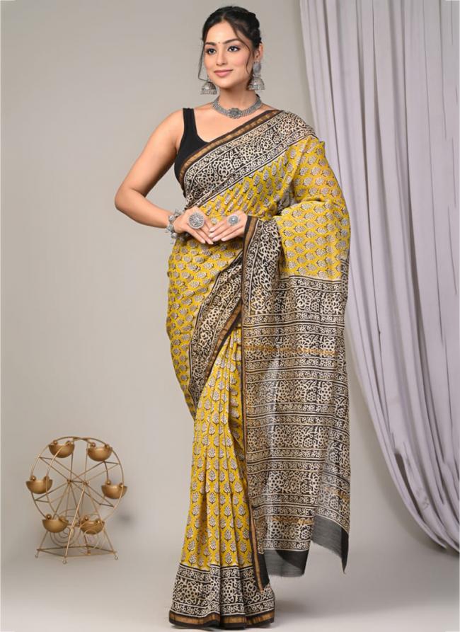 Chanderi Silk Yellow Casual Wear Printed Saree